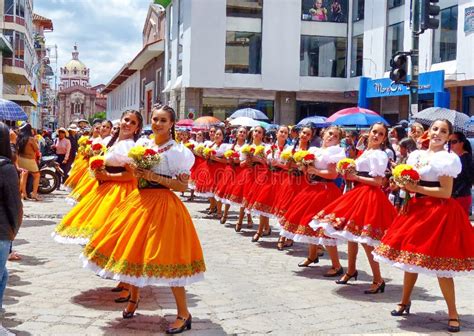 Young Women Folk Dancers Cuencanas On Parade Ecuador Editorial Photo