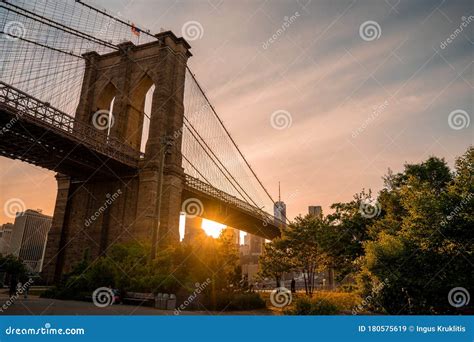 Magical Evening Sunset Close Up View Of The Brooklyn Bridge From The
