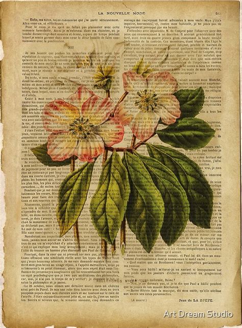 Botanical Print On Old Book Page Flowers By Lily D Redbubble