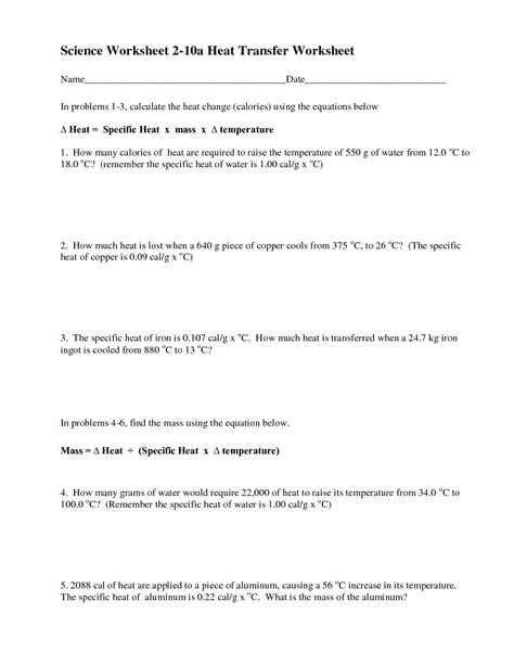 Transfer of heat by direct contact between materials define convection: Heat Transfer Worksheet Answer Key Inspirational Super ...
