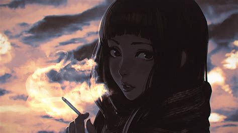 Wallpaper Face Drawing Digital Art Anime Girls Smoking