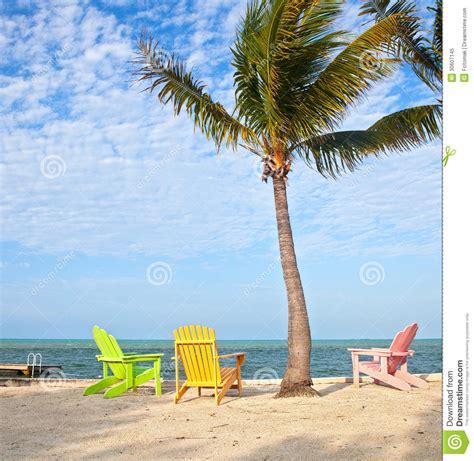 Summer Beach Scene With Palm Trees And Lounge Chairs Stock