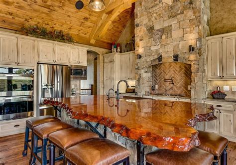 Rustic Stone Kitchen With Live Edge Countertop