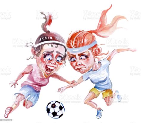 여자의 축구입니다 해 학적인 그림 수채화 달리기에 대한 스톡 벡터 아트 및 기타 이미지 달리기 캐리커처 2명 Istock