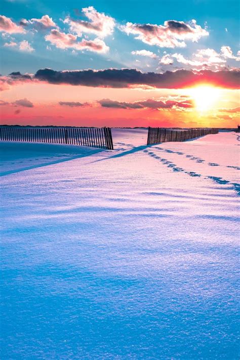 Winter Beach Scene With Snow At Sunset Stock Photo Image Of February