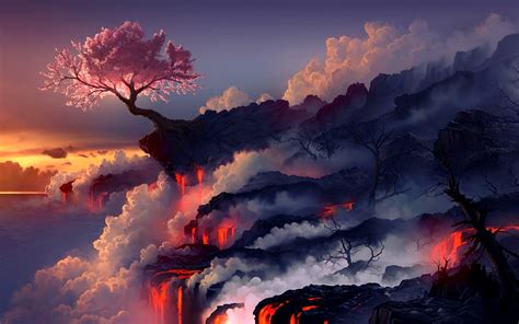 Nature Landscape Fantasy Art Fire Trees Smoke Lava Cherry