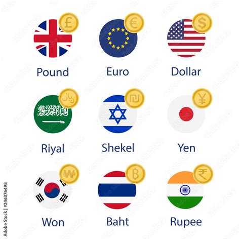 World Currency Flags And Symbol Coins Set Collection Stock Vector
