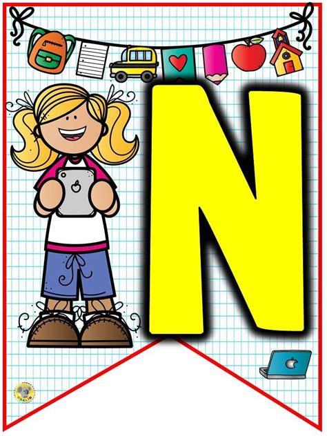The Letter N Is For Girl In Front Of A Banner With School Supplies On It
