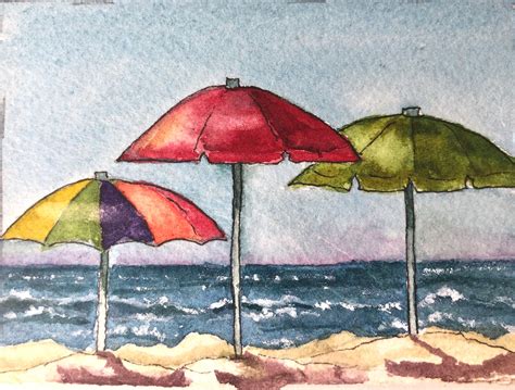 beach umbrellas art card watercolor original watercolor art etsy