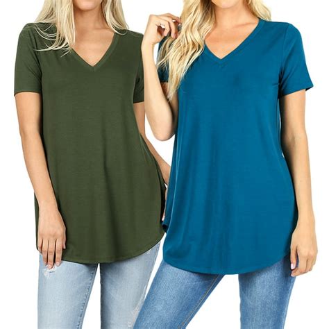 Thelovely Women Short Sleeve V Neck Round Hem Relaxed Fit Casual Tee Shirt Top 2pk Army
