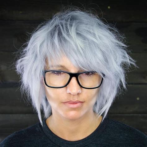 Medium Shaggy Gray Hairstyle | Hairstyles with bangs, Side swept bangs, Short hair with bangs