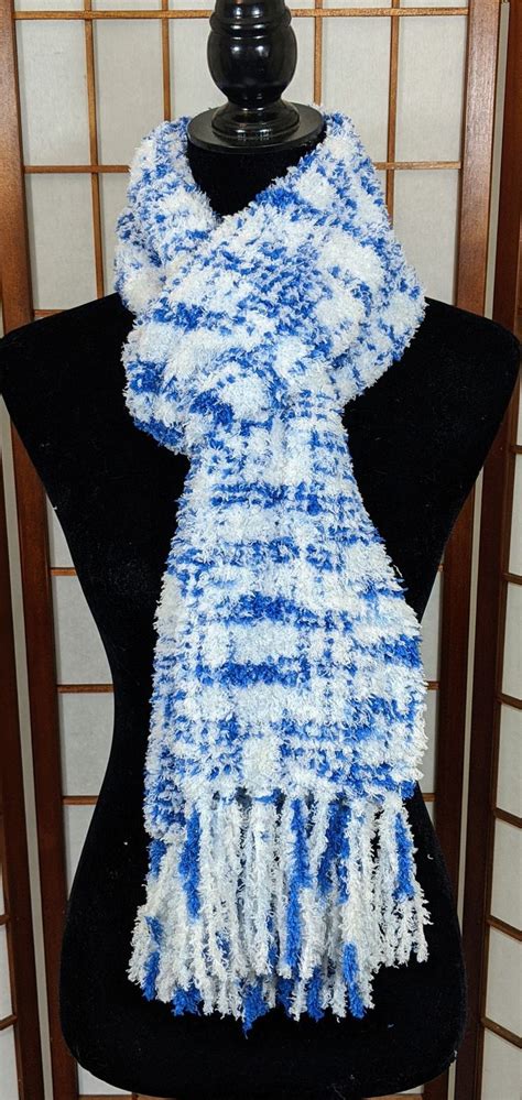 Blue And White Scarf Fluffy Scarf Handwoven Scarf Etsy Blue And
