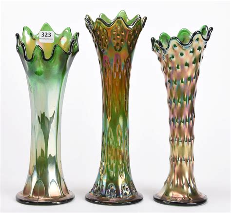 3 Carnival Glass Vases Green Fenton Dec 21 2019 Woody Auction Llc In Ks