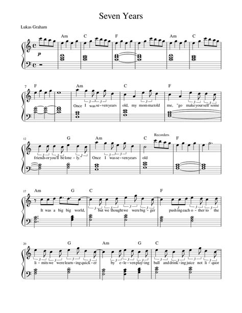 7 Years Piano Sheet Music Piano Years Sheet Music Lukas Graham Easy Musicnotes Pdf Print Minor