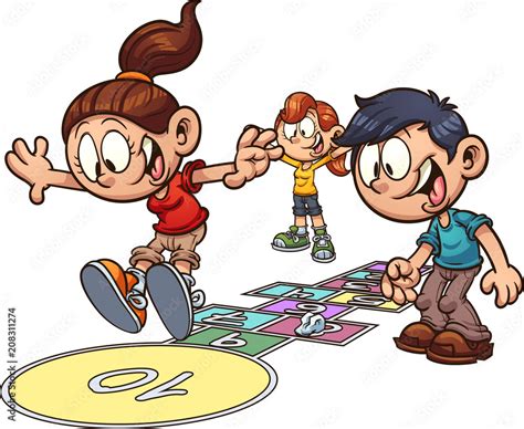 Cartoon Kids Playing Hopscotch Vector Clip Art Illustration With