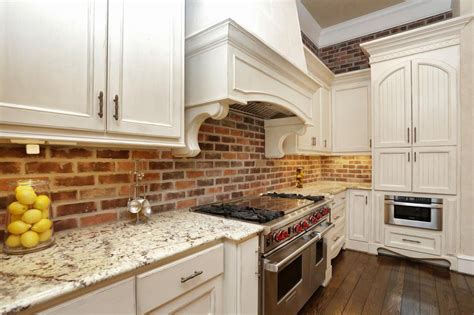 The solid wood cabinet company (brick plaza, 50 brick plaza #23, brick township, nj) october 12, 2019 ·. Brick backsplash with white cabinets. Tuscan kitchen | Brick wall kitchen, Brick kitchen ...