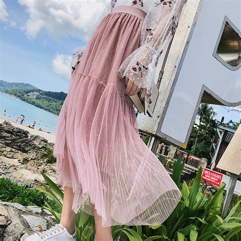 Elegant Sweet Women Sequin Pleated Tulle Skirt 2019 Summer Long Skirt