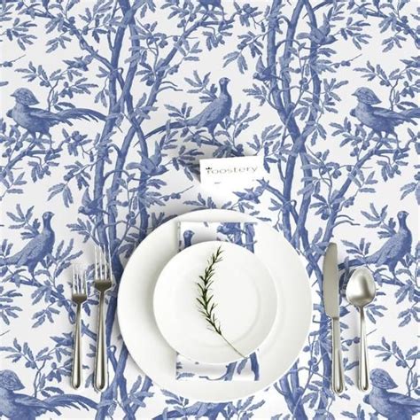 Botanical Tablecloth Pheasant Chinoiserie Delft By Etsy Blue