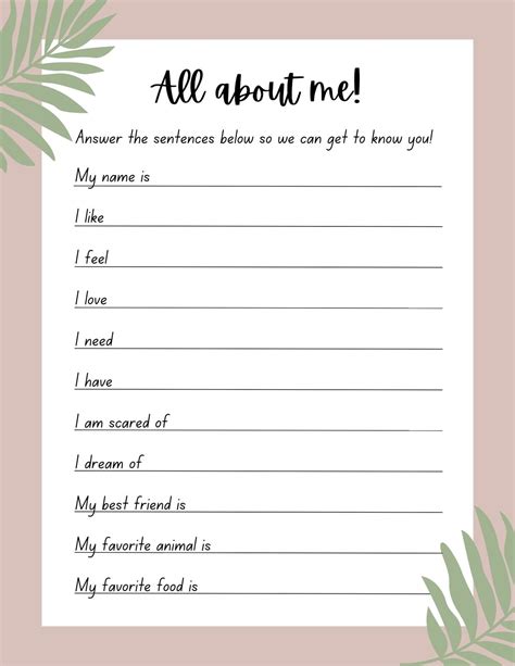 All About Me Questions For Kids