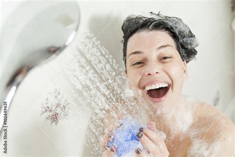 Shower Woman Happy Smiling Woman Washing Shoulder Showering In Stock Foto Adobe Stock