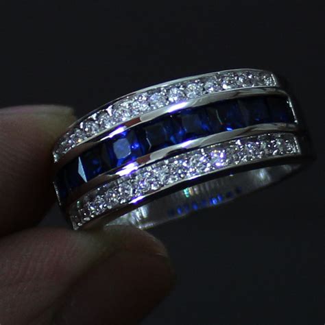 Men S Blue Sapphire 10KT White Gold Filled Wedding Band Ring 