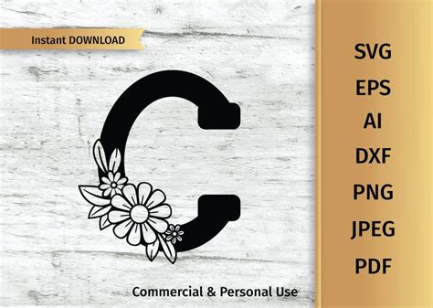 Floral Letter C Svg Flower Alphabet Svg Initial Svg Commercial Use