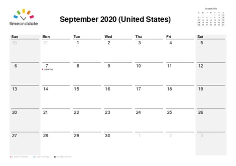 Printable Monthly Calendar — United States — September 2020