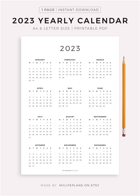 2023 Year Calendar Printable Yearly Wall Calendar Desk Etsy Uk
