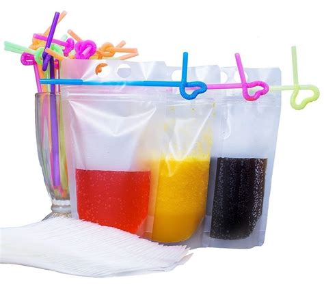 100 Pack Drink Pouches Bags With Straws Translucent Hand Held Reclosable Zipper