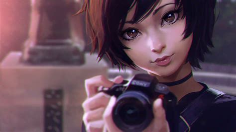 Brown Haired Anime Character Illustration Anime Girls Camera