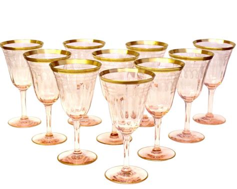 Vintage Gold Rim Crystal Wine Glasses Pink Optic Etched Glass Set Of 10 Very Good Condition