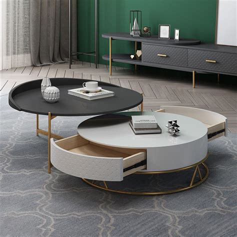 Round Nesting Coffee Table With Storage Rotatable Drawers Wood In White