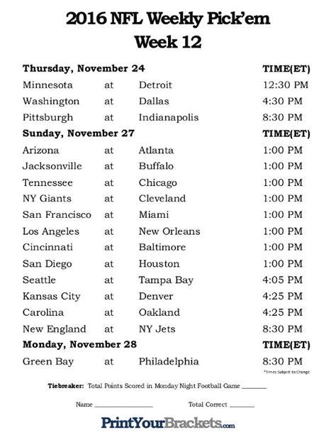 Printable Week 12 NFL Schedule Pick Em Sheets Potluck Invitation