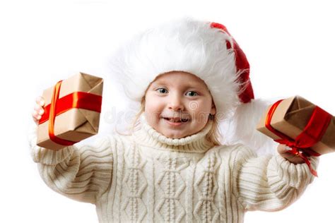 Happy Kid In Santa Hat Hold Christmas T Boxes Stock Image Image Of