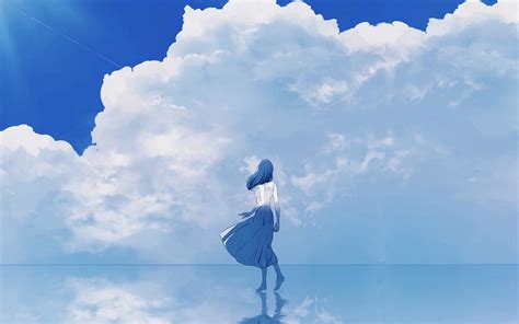 Download Wallpaper 1680x1050 Girl Water Reflection Clouds Anime