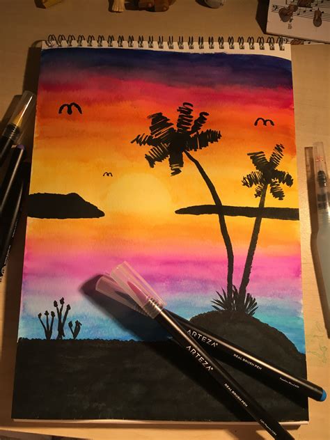 Palm Tree Sunset Brush Pen Art Painting Crafts Watercolor Brush Pen