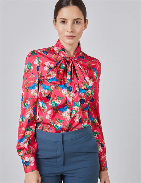 women s pink and blue floral fitted satin blouse single cuff pussy bow hawes and curtis