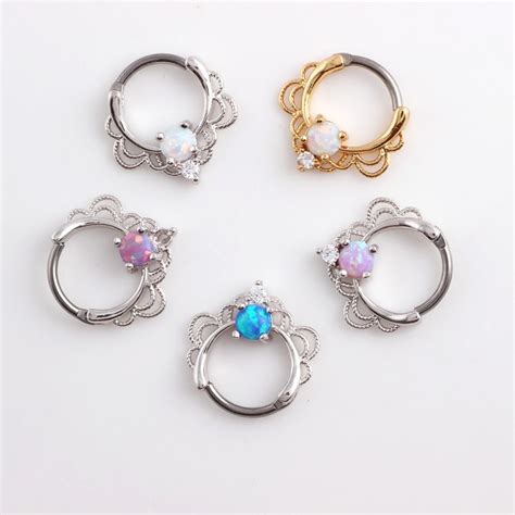 1pc lacey single opal stone hinged septum clickers titanium shaft 16g pierced round nose rings