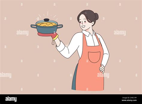 Cooking And Homemade Food Concept Young Smiling Woman Chef In Apron Standing And Holding Fresh