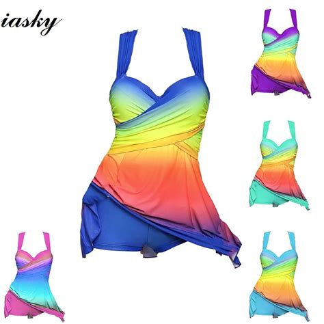 Iasky 2018 Women Plus Size Two Piece Swimsuit Gradient Colorful