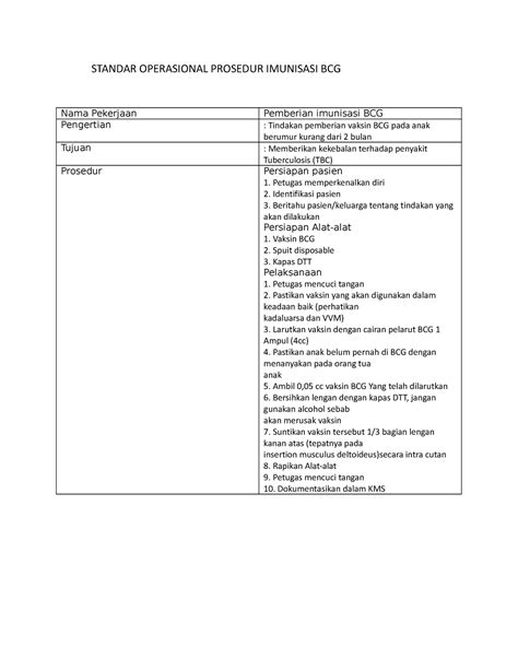 Sop Bcg Test Standar Operasional Prosedur Imunisasi Bcg Nama