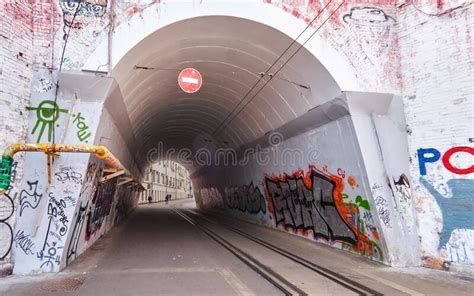 Tramway Tunnel With Public Graffiti On Stone Wall In Center Of Moscow