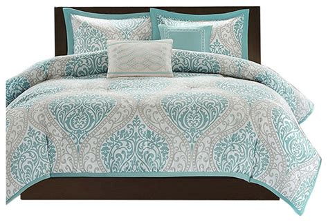 | skip to page navigation. Full/Queen Size 5-Piece Damask Comforter Set, Light Blue ...