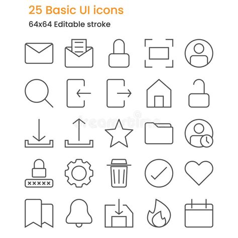 Set Of Basic User Interface Icons 64x64 Editable Stroke Stock Vector