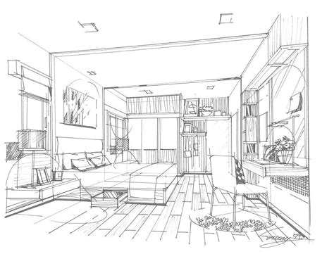 Perspective Sketch Interior Design Renderings Architecture Drawing