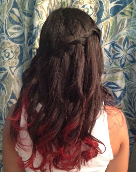Red Dip Dye And Waterfall Braid Dyed Ends Of Hair Dipped