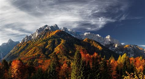 Nature Mountain Forest Fall Colorful Landscape Trees Snowy Peak Clouds