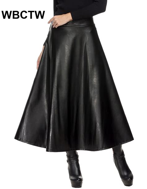 Fashion Pleated Vintage Winter High Waist Black Maxi Skirt Pu Leather