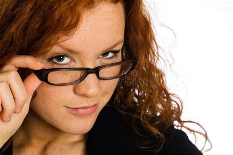 Flirting Woman Looking Over Her Glasses Stock Photos Image
