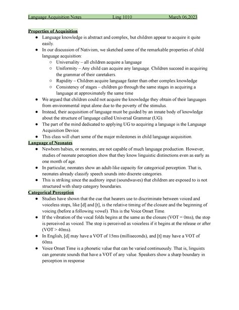 Language Acquisition Notes Ling 1010 March 062023 Properties Of
